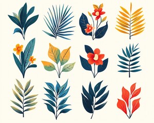 Colorful botanical illustrations in minimalist style Colorful botanical illustrations on beige background