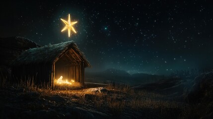 Radiant star glowing over manger marking birth of Jesus. Peace and divine love.