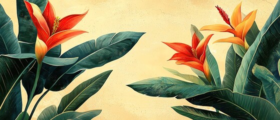 Wall Mural - colorful botanical illustrations in minimalist style colorful tropical flowers with large leaves.