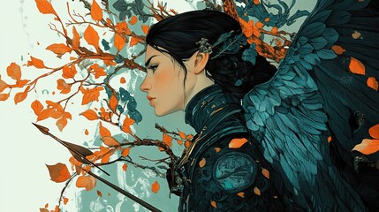 Poster - Fantasy Portrait: Woman with Wings and Autumn Leaves