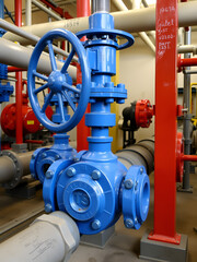 large globe valve, with flanges and bolts, on high pressure water cooling system on industrial plant, orizontal installation, pipe line view