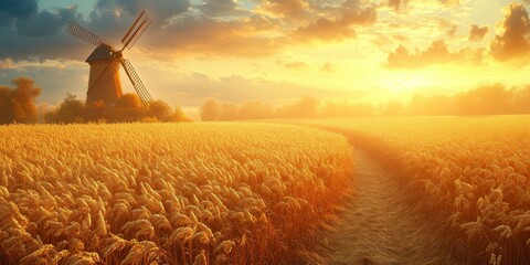 Rural Landscape at Sunset with Windmill, Field, and Path