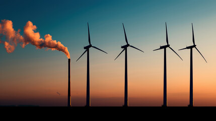 Wall Mural - image showcases contrast between industrial smoke and renewable energy sources, highlighting coexistence of traditional and sustainable energy