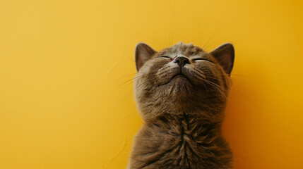 Wall Mural - A close-up of a relaxed happy cat lying on a bright yellow background. The cat has a content expression, with its eyes closed and mouth slightly open, showcasing its soft fur and peaceful demeanor.