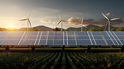 Sticker - Harnessing clean energy, this showcases solar panels in lush field with wind turbines in background, symbolizing sustainable energy production