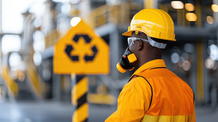 worker in safety helmet and mask stands in petrochemical facility, emphasizing safety and environmental awareness. background features industrial elements