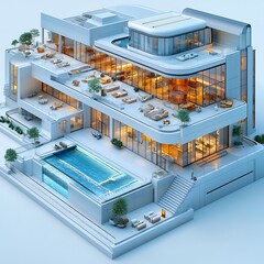Poster - Comprehensive 3D render of convention center from a top view including spacious event halls and several presentation rooms detailed layout isolated on a white background