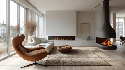 Poster - Contemporary apartment interior a fireplace Scandinavianstyle furniture a wooden floor white walls a lounge chair and a modern organic design rug placed next to the couch