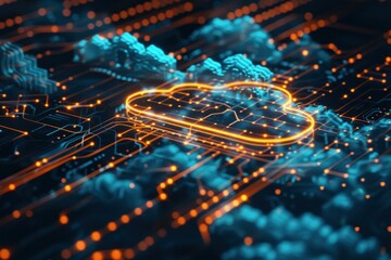 Poster - Glowing cloud icon connecting on motherboard representing cloud computing technology and data storage