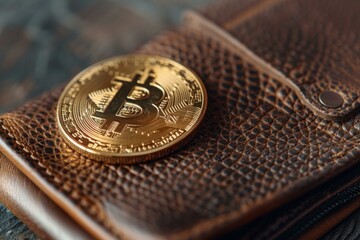 Poster - Gold bitcoin is laying on top of a brown leather wallet