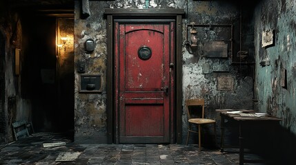 Canvas Print - Old Red Door in a Grungy Building Interior