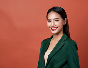 Wall Mural - Portrait of Beautiful Happy Young Woman Smiling Against Colorful Studio Background