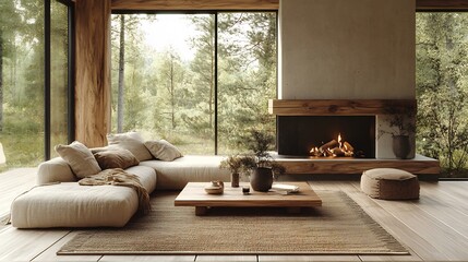Poster - Cosy living room featuring rustic wooden fireplace a Danishdesigned sofa in soft browns and a simple coffee table surrounded by natural light and Nordic dcor elements