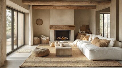 Poster - Cosy living room featuring rustic wooden fireplace a Danishdesigned sofa in soft browns and a simple coffee table surrounded by natural light and Nordic dcor elements