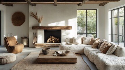 Poster - Cosy living room featuring rustic wooden fireplace a Danishdesigned sofa in soft browns and a simple coffee table surrounded by natural light and Nordic dcor elements