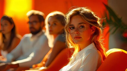 Poster - A woman in glasses gazes thoughtfully during a business meeting, surrounded by colleagues in a bright, modern office space