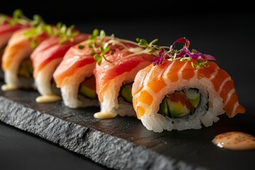 Wall Mural - Delicious sushi rolls beautifully arranged on a slate plate. Vibrant colors entice the eye. Perfect for food lovers and culinary art. Generative AI