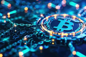 Poster - Glowing bitcoin cryptocurrency coin is surrounded by blockchain data on a futuristic circuit board