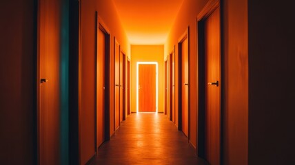 A vibrant hallway with colorful doors leading to a glowing orange light at the end, creating an inviting atmosphere.