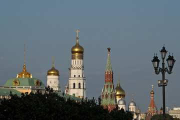 Russia, Moscow, Moscow Kremlin, Kremlin wall, Kremlin towers and bell tower. View from The Cathedral of Christ the Saviour