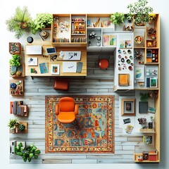 Poster - Creative home office setup an art desk and drafting chair colorful art supplies like pencils and paints top view 3D render with organized floor plan isolated on white