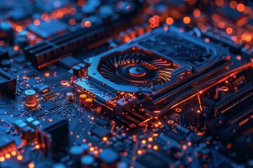 Poster - Close up view of a computer motherboard glowing with orange lights, highlighting the powerful gpu at its center