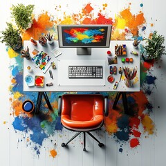 Poster - Creative home office art desk drafting chair vibrant paint splashes and scattered colorful supplies top view 3D render isolated on white with a detailed floor plan
