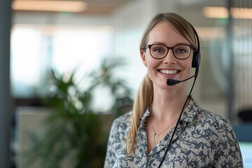 Young woman working at a call center wearing a headset while smiling in an office with plants in the background