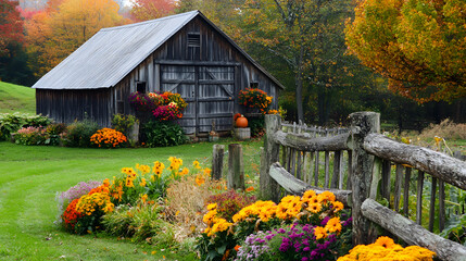 An inviting harvest storage building with a rustic wooden fence and colorful autumn flowers for Thanksgiving.