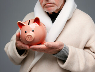 A senior man in warm clothing holds a piggy bank, symbolizing financial savings and retirement planning. The image conveys themes of security, economy, and senior financial independence.