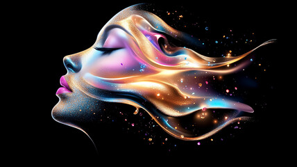 Poster - This artwork features a woman's face with colorful swirls and luminous effects, creating an enchanting, dreamlike aura