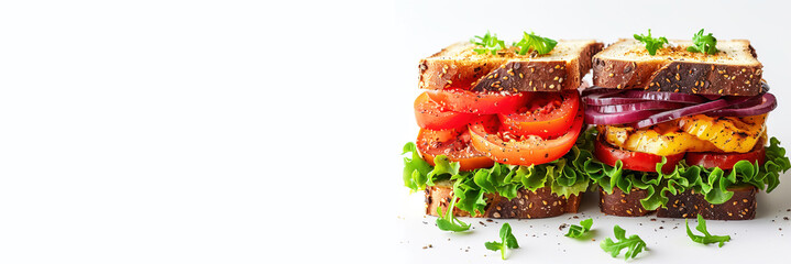 Wall Mural - Sandwich traditional bread tomato cheese and ham fried on white background isolate.