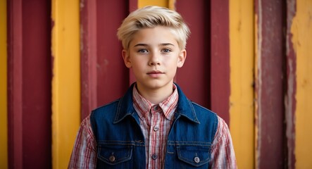 blonde teen boy retro vintage bright background wearing fashion portrait