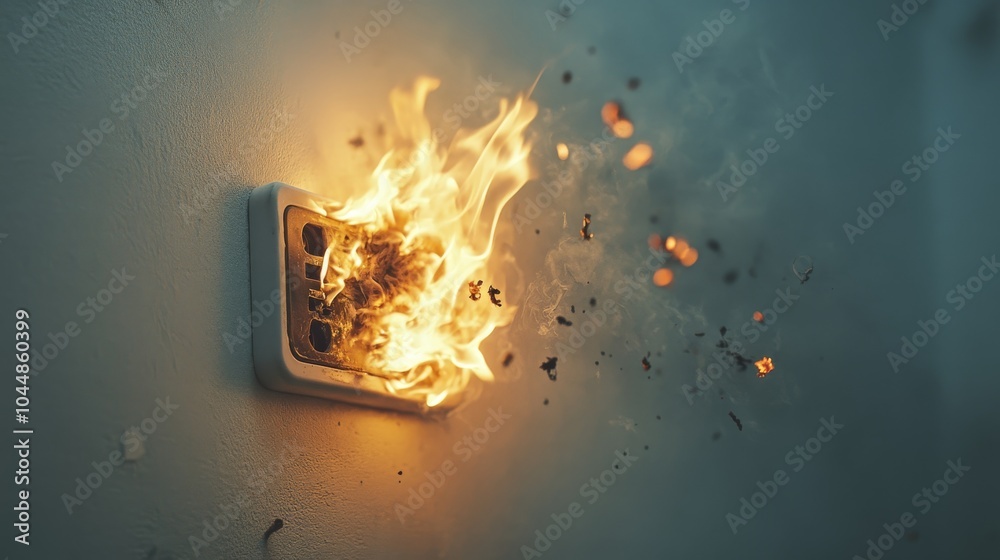 2410 60.A frayed cable plugged into a wall socket, catching fire with ...