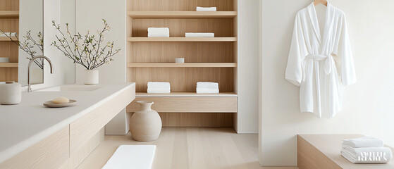 Poster - Embrace serenity a nature-inspired dressing room with warm wooden shelves and minimalist design elements for relaxation
