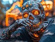 © DachAI - A dramatic image of a skeleton with fiery eyes, casually leaning on a railing while surrounded by glowing lights, symbolizing the passage of time and mortality.
