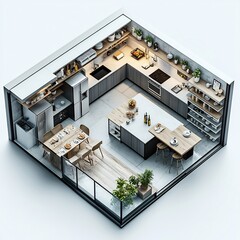 Poster - Detailed 3D top view of kitchen with an island open shelving and a large fridge floor plan shown on a clean white background showcasing layout and storage options