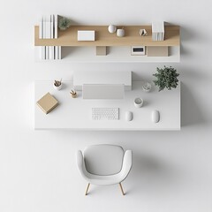 Poster - Detailed 3D top view of minimalist study setup including a white desk a straightforward chair and floating shelves depicted in a clear floor plan on a plain white background