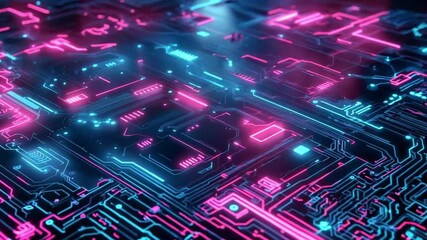 Poster - Vibrant neon circuit board design showcasing technology and innovation in a dark environment