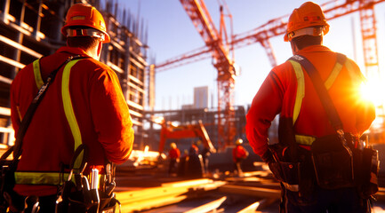 Construction Workers at Sunset: Two construction workers stand with their backs to the camera, gazing out at a bustling construction site as the sun sets in the background.