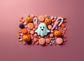 Aufkleber - A blue ghost and orange pumpkins are surrounded by an assortment of colorful candies on a pink background.