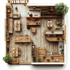 Fototapete - Detailed 3D top view of rustic caf with wooden furniture a central fireplace area and a wooden counter floor plan displayed on a clean white background showcasing the inviting design elements