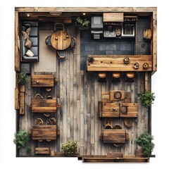 Fototapete - Detailed 3D top view of rustic caf with wooden furniture a central fireplace area and a wooden counter floor plan displayed on a clean white background showcasing the inviting design elements