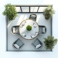 Poster - Detailed 3D top view of small dining room with a compact table and elegant chairs precise floor plan displayed on a plain white background emphasizing functionality