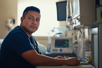 Dedicated healthcare professional at a hospital monitor station, focused on patient care amid medical equipment and a calm clinical environment.