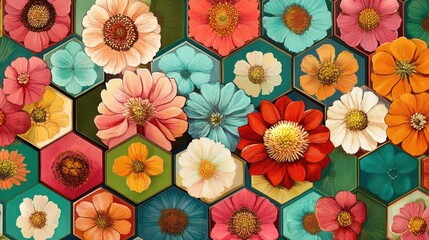 Aufkleber - A stunning floral hexagon pattern featuring vibrant, retro flowers within geometric hexagons. The lively hues and symmetrical design evoke a 70s nostalgia.
