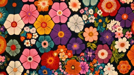 Aufkleber - A stunning floral hexagon pattern featuring vibrant, retro flowers within geometric hexagons. The lively hues and symmetrical design evoke a 70s nostalgia.