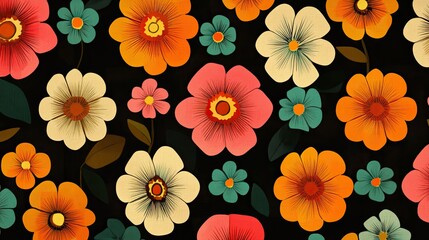 Aufkleber - A stunning floral hexagon pattern featuring vibrant, retro flowers within geometric hexagons. The lively hues and symmetrical design evoke a 70s nostalgia.