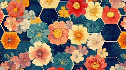Aufkleber - A stunning floral hexagon pattern featuring vibrant, retro flowers within geometric hexagons. The lively hues and symmetrical design evoke a 70s nostalgia.