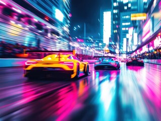 Vibrant night scene of high-speed racing cars in a neon-lit city, capturing the thrill of urban motorsport under glowing lights.